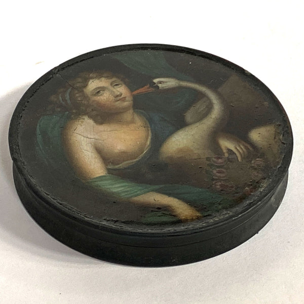 Continental Lacquered and Painted Papier-Mache Snuff Box, Leda and the Swan