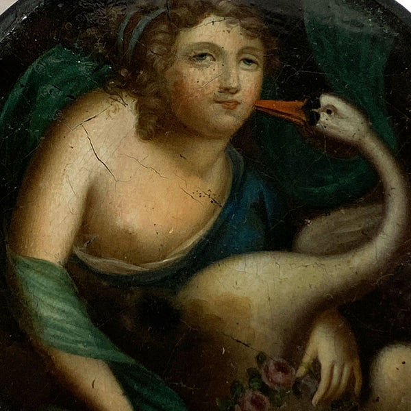 Continental Lacquered and Painted Papier-Mache Snuff Box, Leda and the Swan