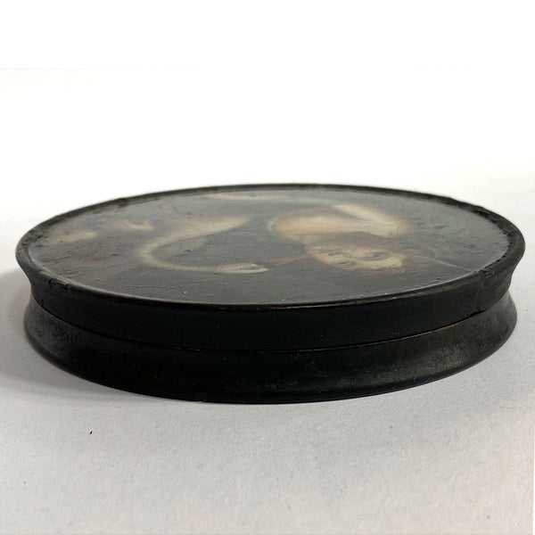 Continental Lacquered and Painted Papier-Mache Snuff Box, Leda and the Swan