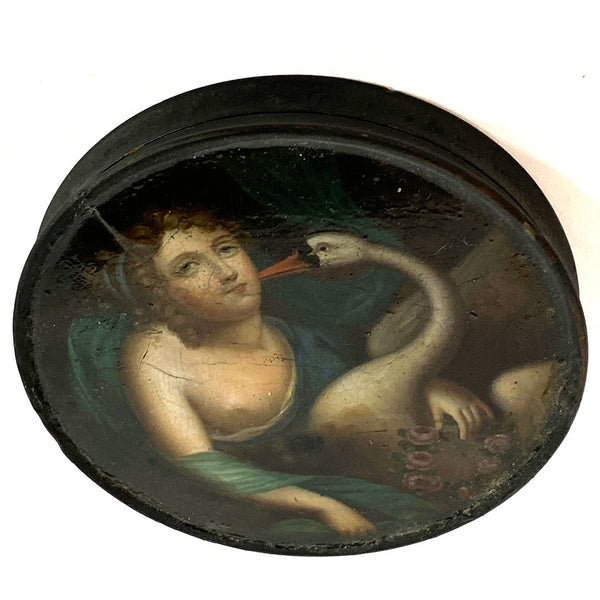 Continental Lacquered and Painted Papier-Mache Snuff Box, Leda and the Swan