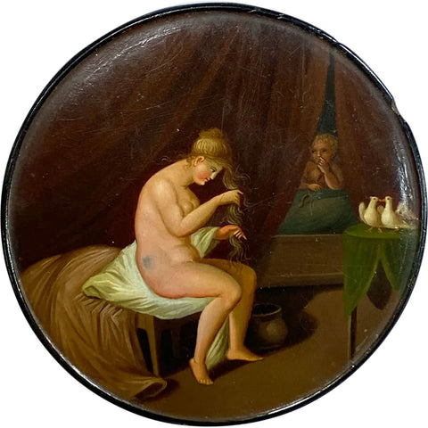 German Stobwasser-Type Lacquered and Painted Papier-Mache Snuff Box, Seated Lady