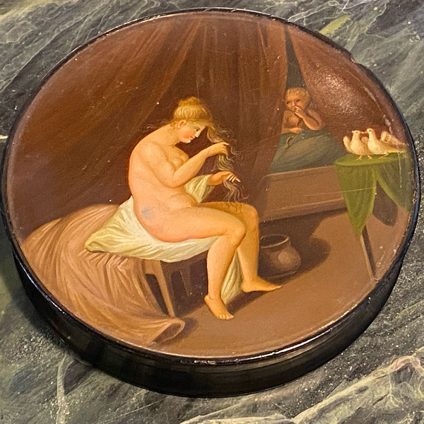 German Stobwasser-Type Lacquered and Painted Papier-Mache Snuff Box, Seated Lady