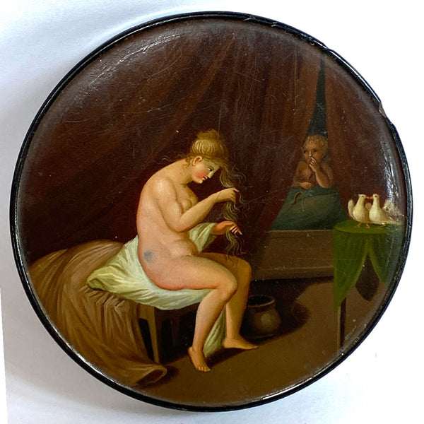 German Stobwasser-Type Lacquered and Painted Papier-Mache Snuff Box, Seated Lady