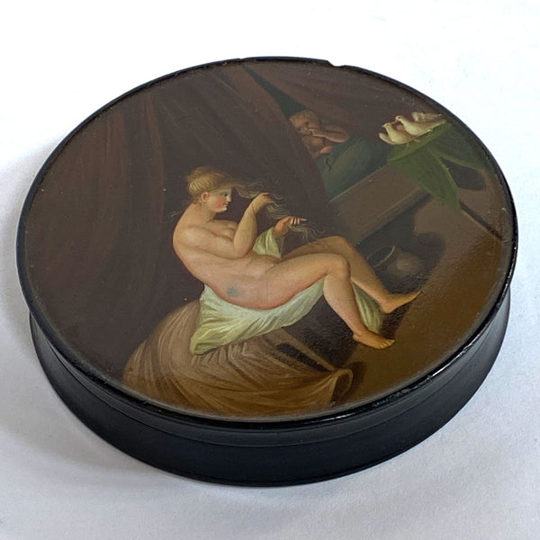 German Stobwasser-Type Lacquered and Painted Papier-Mache Snuff Box, Seated Lady