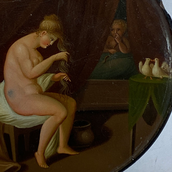 German Stobwasser-Type Lacquered and Painted Papier-Mache Snuff Box, Seated Lady
