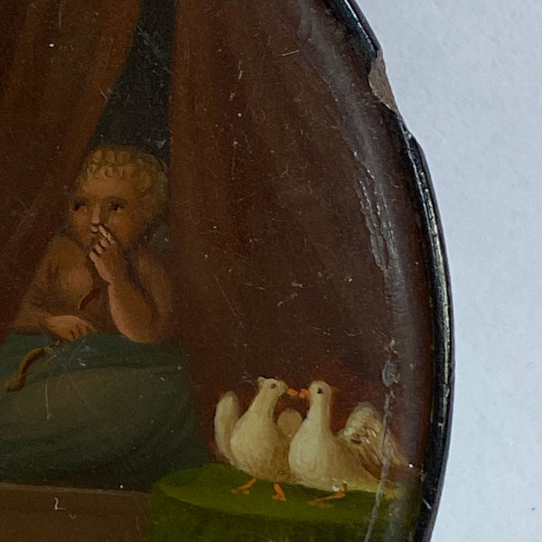 German Stobwasser-Type Lacquered and Painted Papier-Mache Snuff Box, Seated Lady