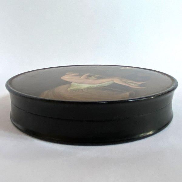 German Stobwasser-Type Lacquered and Painted Papier-Mache Snuff Box, Seated Lady