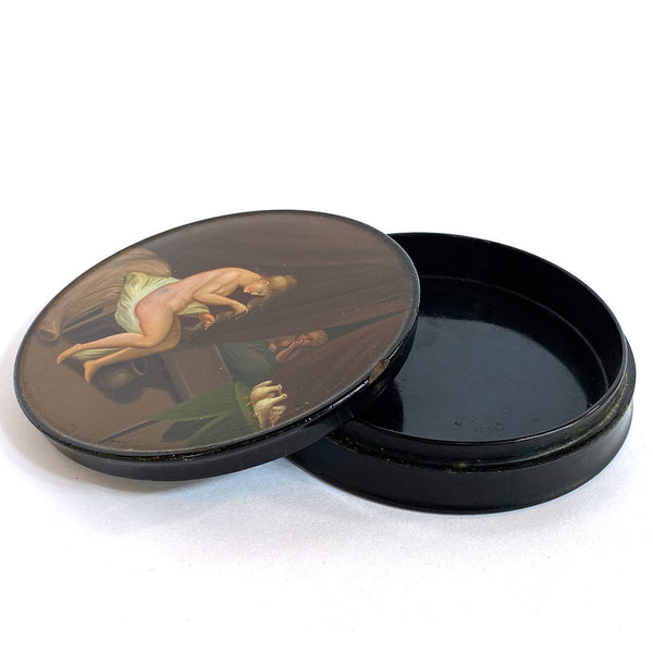 German Stobwasser-Type Lacquered and Painted Papier-Mache Snuff Box, Seated Lady