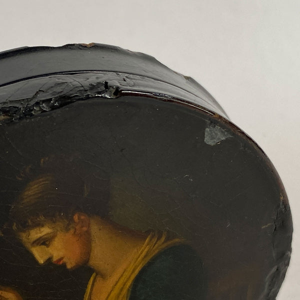 German Stobwasser-Type Lacquered Papier-Mache Snuff Box, Lady Sewing