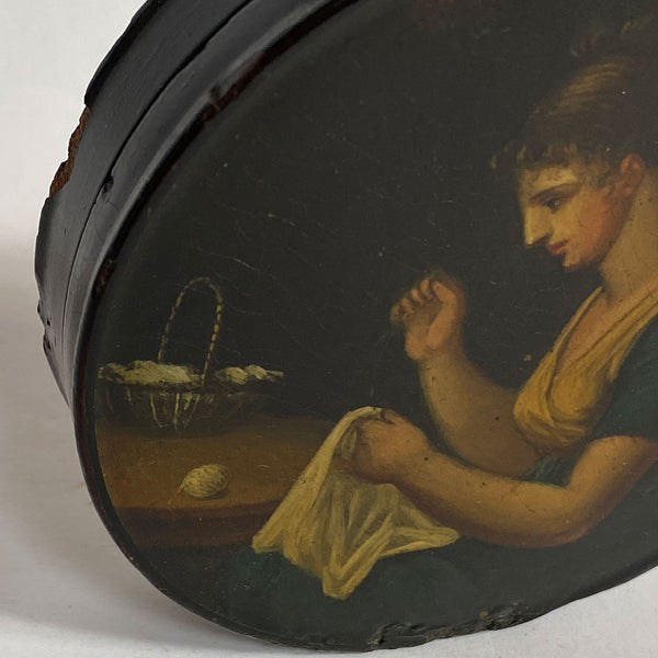 German Stobwasser-Type Lacquered Papier-Mache Snuff Box, Lady Sewing