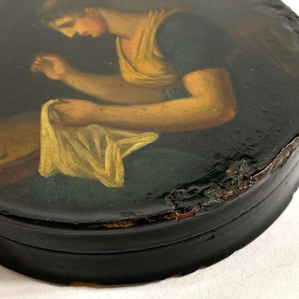 German Stobwasser-Type Lacquered Papier-Mache Snuff Box, Lady Sewing