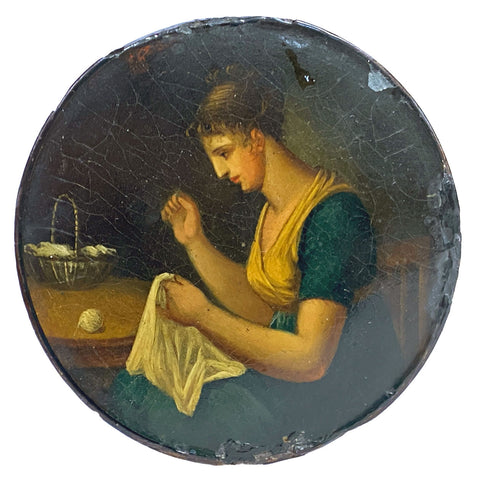 German Stobwasser-Type Lacquered Papier-Mache Snuff Box, Lady Sewing