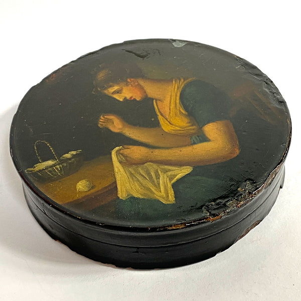 German Stobwasser-Type Lacquered Papier-Mache Snuff Box, Lady Sewing