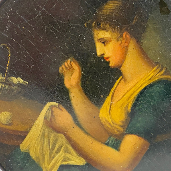 German Stobwasser-Type Lacquered Papier-Mache Snuff Box, Lady Sewing