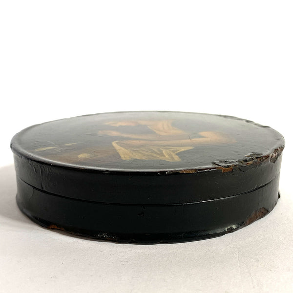 German Stobwasser-Type Lacquered Papier-Mache Snuff Box, Lady Sewing