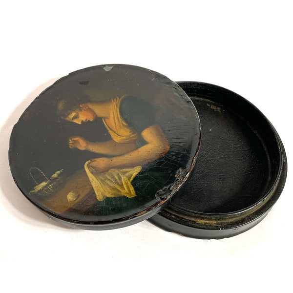 German Stobwasser-Type Lacquered Papier-Mache Snuff Box, Lady Sewing
