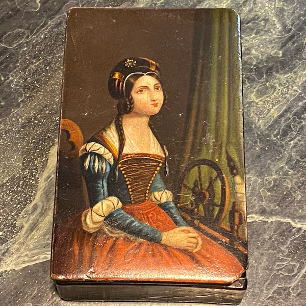 German Stobwasser-Type Lacquered Papier-Mache Snuff Box, Portrait of a Lady