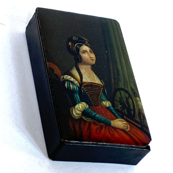 German Stobwasser-Type Lacquered Papier-Mache Snuff Box, Portrait of a Lady
