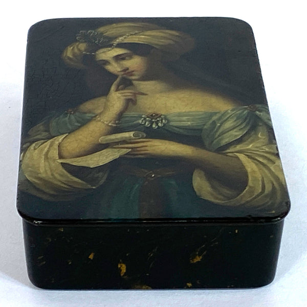 German Stobwasser Lacquered Papier-Mâché Snuff Box, The Love Letter