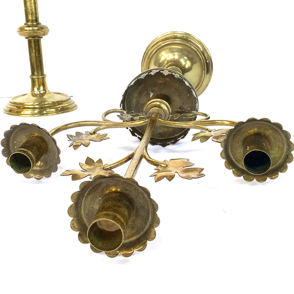 Pair of French Gothic Revival Brass Three-Light Altar Candlelabras