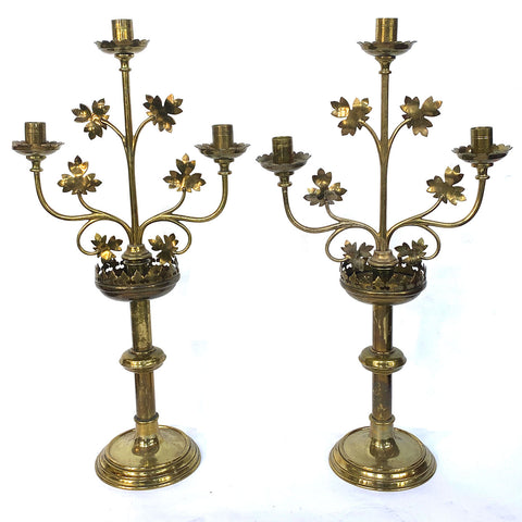 Pair of French Gothic Revival Brass Three-Light Altar Candlelabras