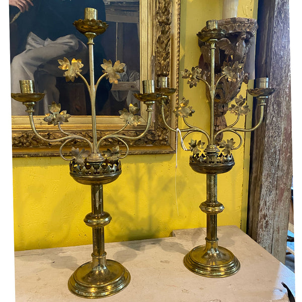 Pair of French Gothic Revival Brass Three-Light Altar Candlelabras