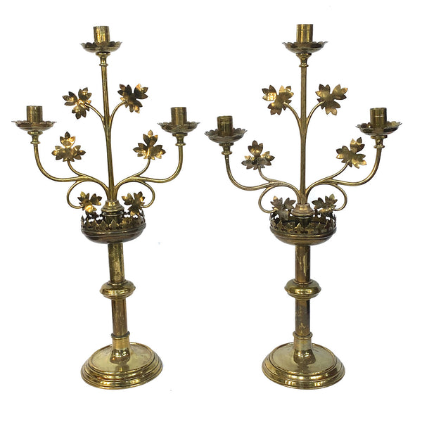 Pair of French Gothic Revival Brass Three-Light Altar Candlelabras