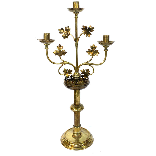 Pair of French Gothic Revival Brass Three-Light Altar Candlelabras