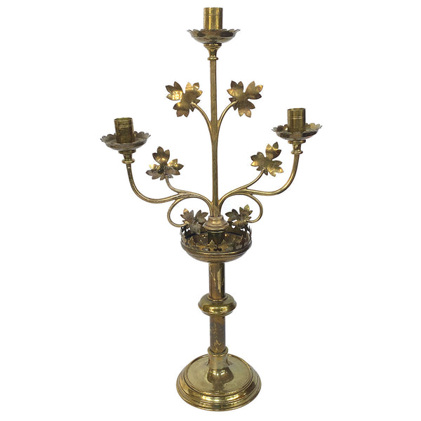 Pair of French Gothic Revival Brass Three-Light Altar Candlelabras