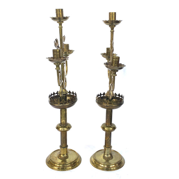 Pair of French Gothic Revival Brass Three-Light Altar Candlelabras