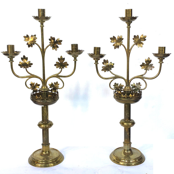 Pair of French Gothic Revival Brass Three-Light Altar Candlelabras