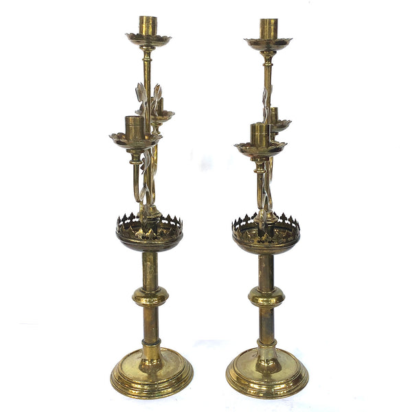 Pair of French Gothic Revival Brass Three-Light Altar Candlelabras