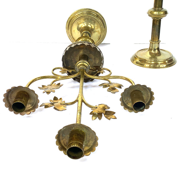 Pair of French Gothic Revival Brass Three-Light Altar Candlelabras