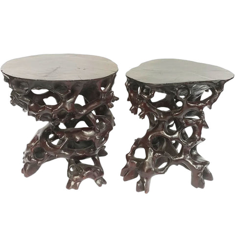 Pair Small Vintage Chinese Rosewood Rootwood-Form Pedestal Stands