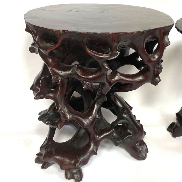 Pair Small Vintage Chinese Rosewood Rootwood-Form Pedestal Stands