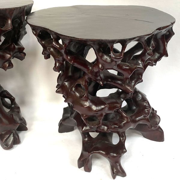 Pair Small Vintage Chinese Rosewood Rootwood-Form Pedestal Stands