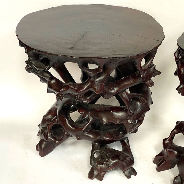 Pair Small Vintage Chinese Rosewood Rootwood-Form Pedestal Stands