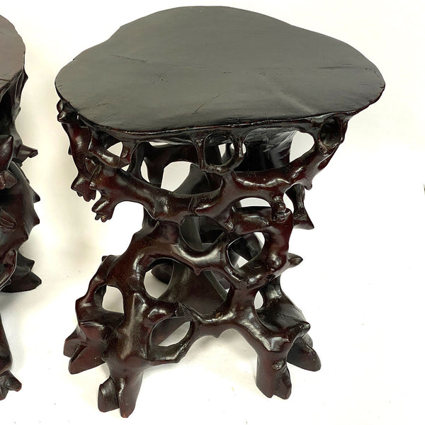 Pair Small Vintage Chinese Rosewood Rootwood-Form Pedestal Stands