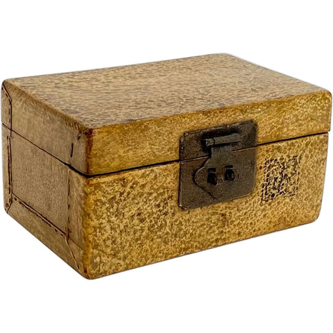 Vintage Small Chinese Brass Mounted Yellow Leather Covered Box