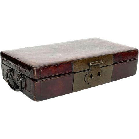 Chinese Qing Brass Mounted Leather Lacquered Wood Document Box