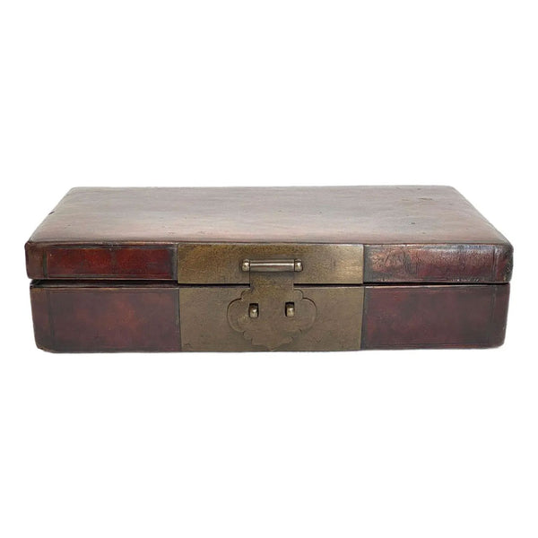 Chinese Qing Brass Mounted Leather Lacquered Wood Document Box