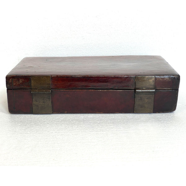 Chinese Qing Brass Mounted Leather Lacquered Wood Document Box