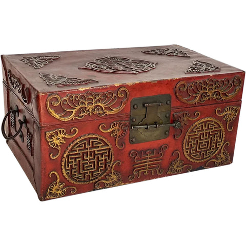 Chinese Qing Red Lacquer, Parcel Gilt and Leather Wooden Box