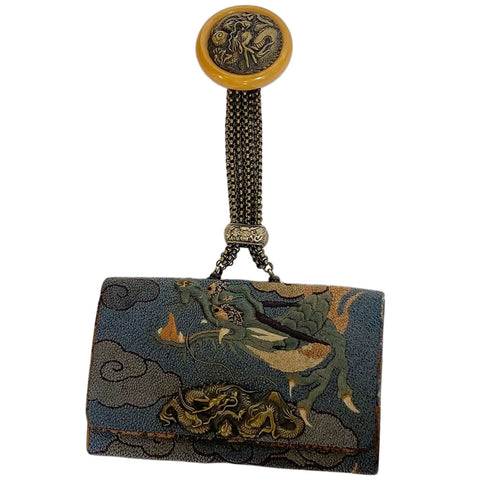 Japanese Meiji Silk Brocade and Mixed Metal Tobacco Pouch Sagemono