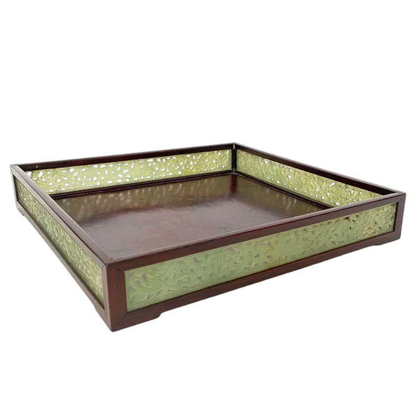 Chinese Reticulated Jadeite Stone and Rosewood Square Gallery Tray