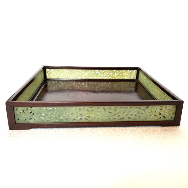 Chinese Reticulated Jadeite Stone and Rosewood Square Gallery Tray