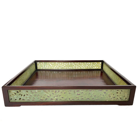 Chinese Reticulated Jadeite Stone and Rosewood Square Gallery Tray