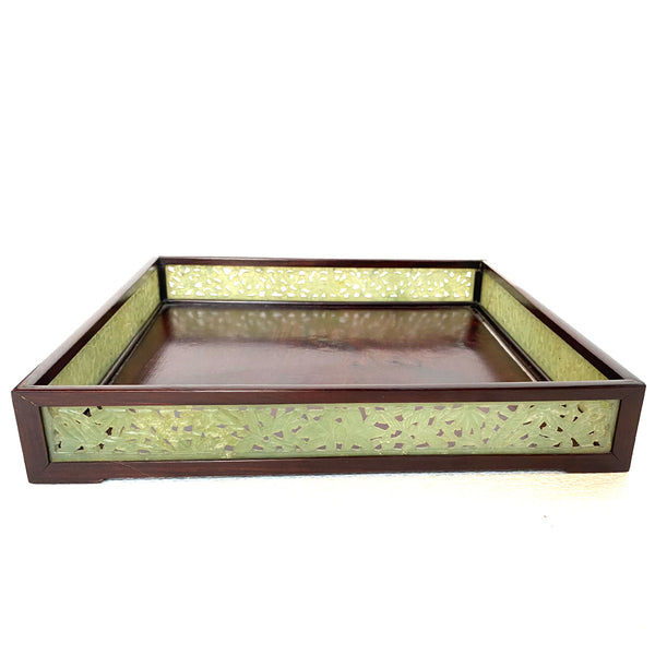Chinese Reticulated Jadeite Stone and Rosewood Square Gallery Tray