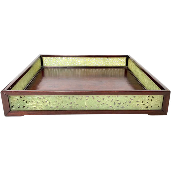 Chinese Reticulated Jadeite Stone and Rosewood Square Gallery Tray