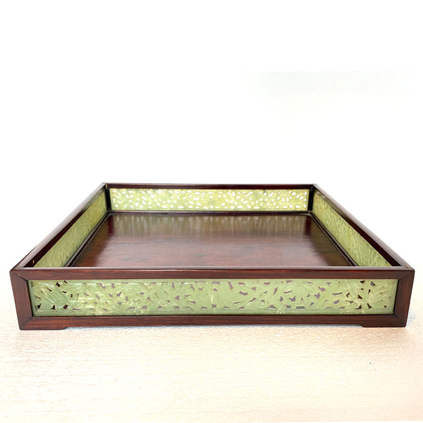 Chinese Reticulated Jadeite Stone and Rosewood Square Gallery Tray